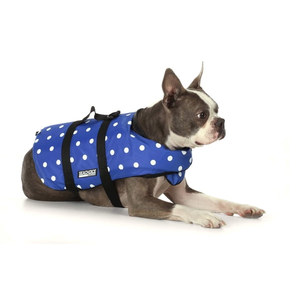 Seachoice Dog Life Vest, Adjustable Life Jacket For Dogs, w/ Grab Handle, Blue Polka Dot, Size XS, 7-15 Lbs.
