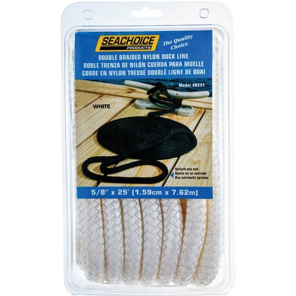 Seachoice Double-Braid Nylon Dock Line w/Eye Splice, Pre-Shrunk, Heat Stabilized, 5/8 in. X 25 Ft., White