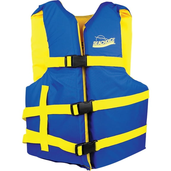Seachoice Level 70 Life Jacket, Adjustable Boat Vest, Blue/Yellow, Universal Adult, Over 90 Lbs.