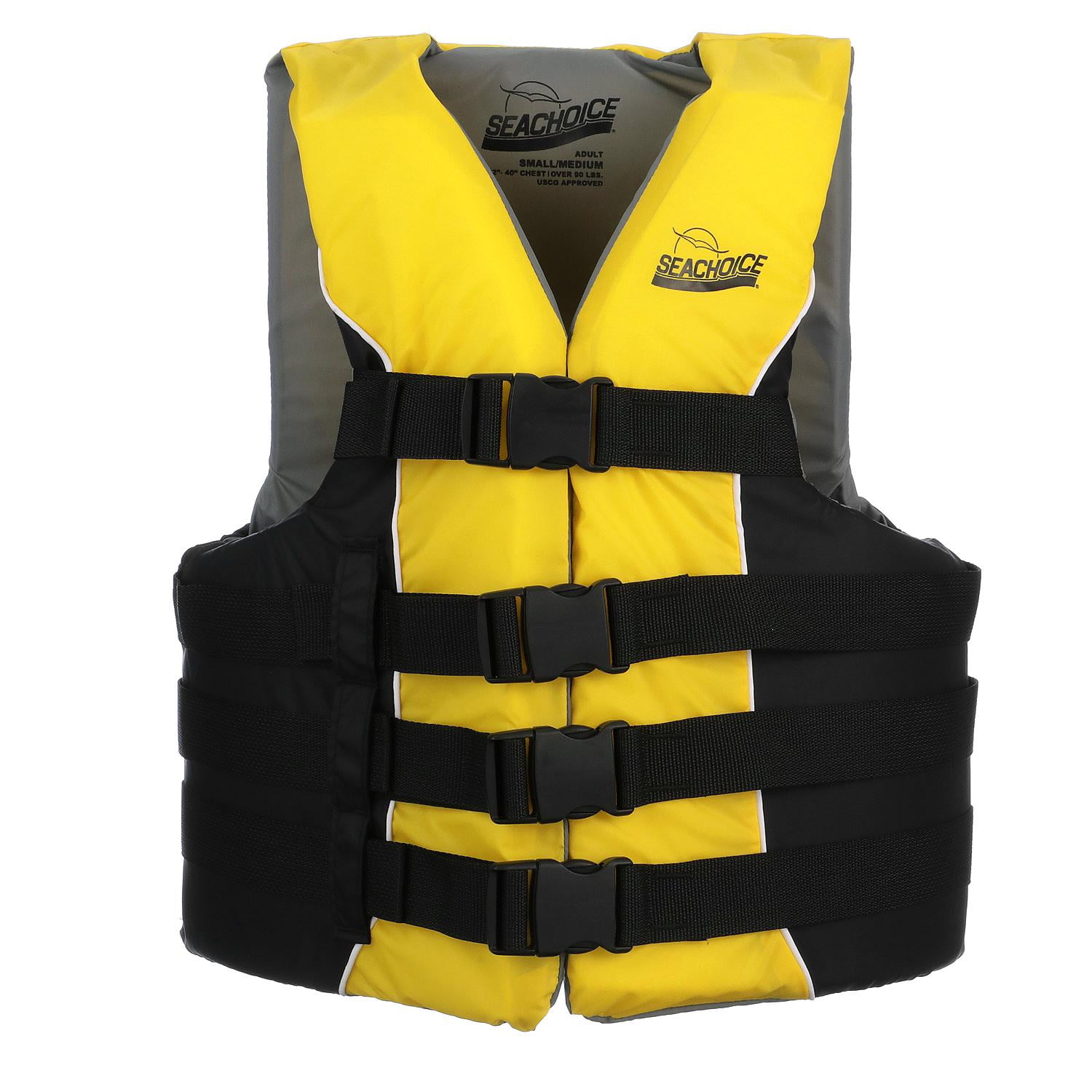 Seachoice Level 70 Life Jacket, Deluxe Adjustable 4-Belt Ski Vest, Yellow and Black, Size S/M: 32-40 In. Chest