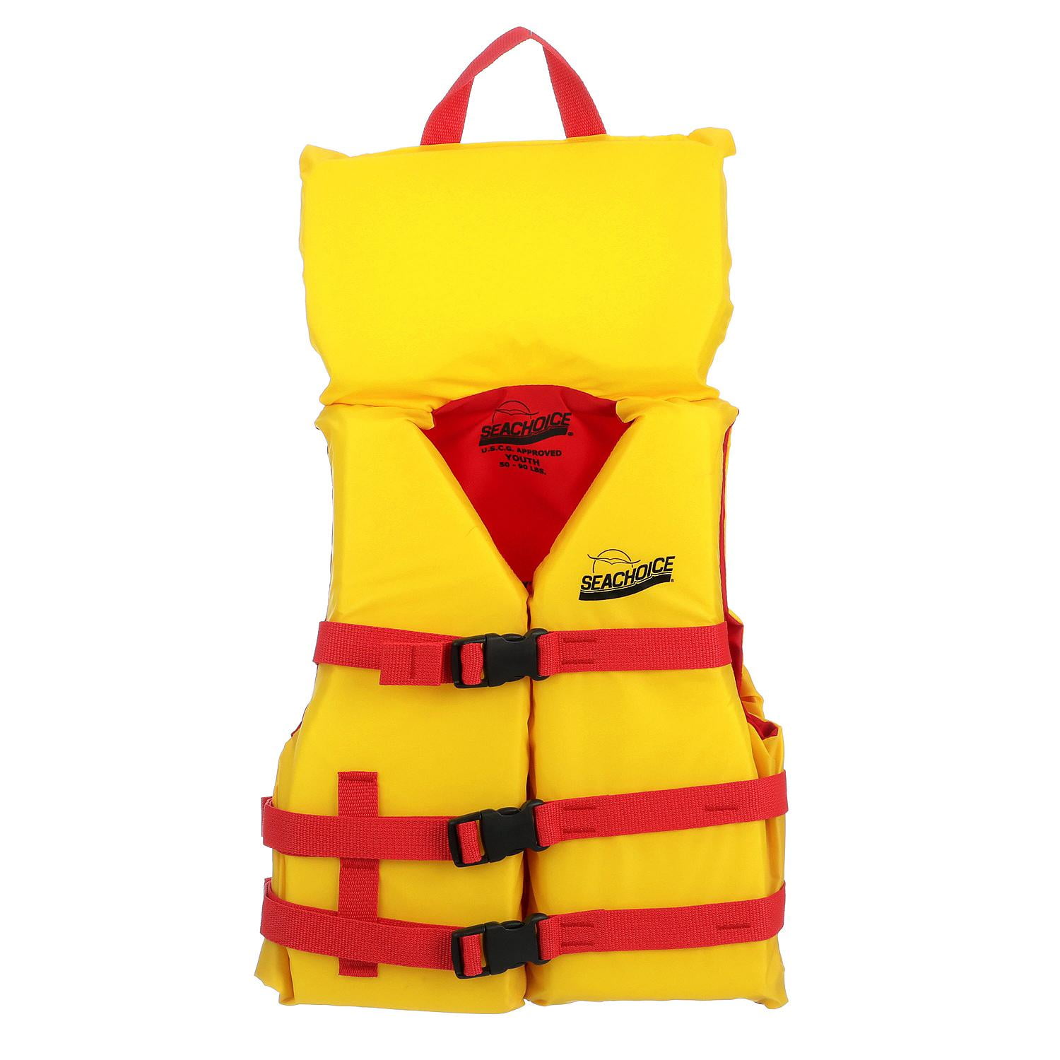 Seachoice Type II Deluxe Adjustable Boat Vest w/ Grab Handle, Bright Yellow and Red, Youth, 50-90 Lbs.