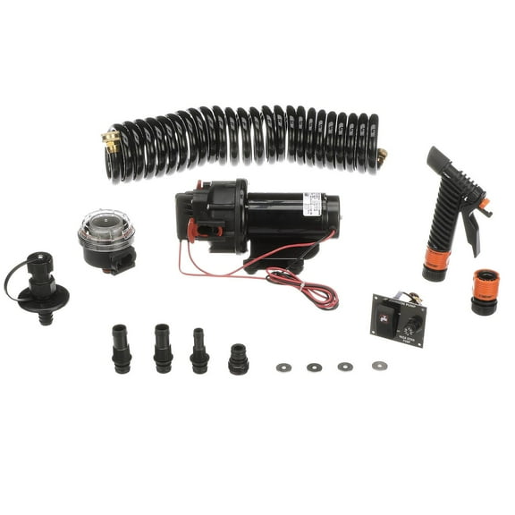 Seachoice Wash Down System Pump Kit, w/ Hose, Bulk Head Fitting, Inlet Strainer, Spray Nozzle, 2-Way Panel Switches