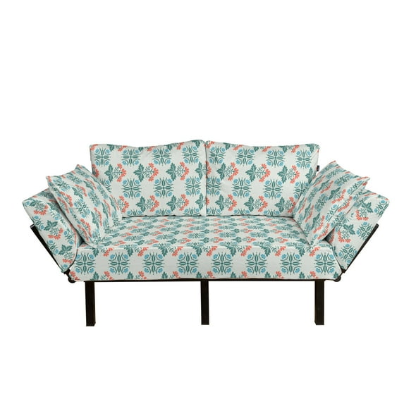 Seafoam Futon Couch, Ornate Floral Arrangement Blossoming Nature Abstract Spring Motifs, Daybed with Metal Frame Upholstered Sofa for Living Dorm, Loveseat, Seafoam Teal Dark Coral, by Ambesonne