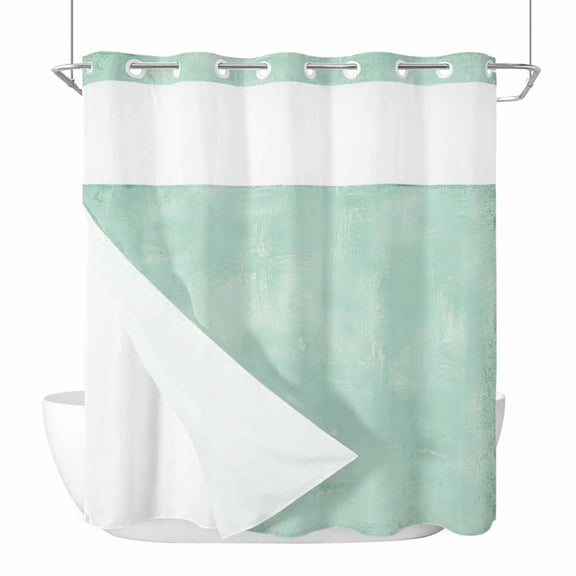 Seafoam Plaster No Hook Shower Curtain with Snap in Liner, Rustic Mint Green Timber Scratch Celadon Texture Waterproof Shower Curtains with See Through Top Window Liner for Bathroom, 72x72 Inches