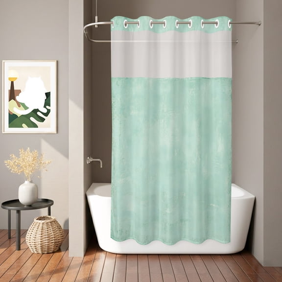 Seafoam Plaster Shower Curtain, Rustic Mint Green Timber Scratch Celadon Texture Waterproof No Hooks Bath Shower Curtain with See Through Top Window for Bathroom Bathtub 36x72in