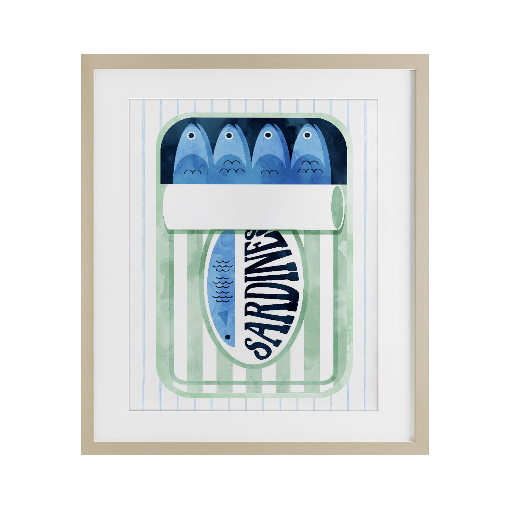 Seafoam Sardine Tin over Stripes Birch Framed Print Under Glass, design by Daphne Polselli