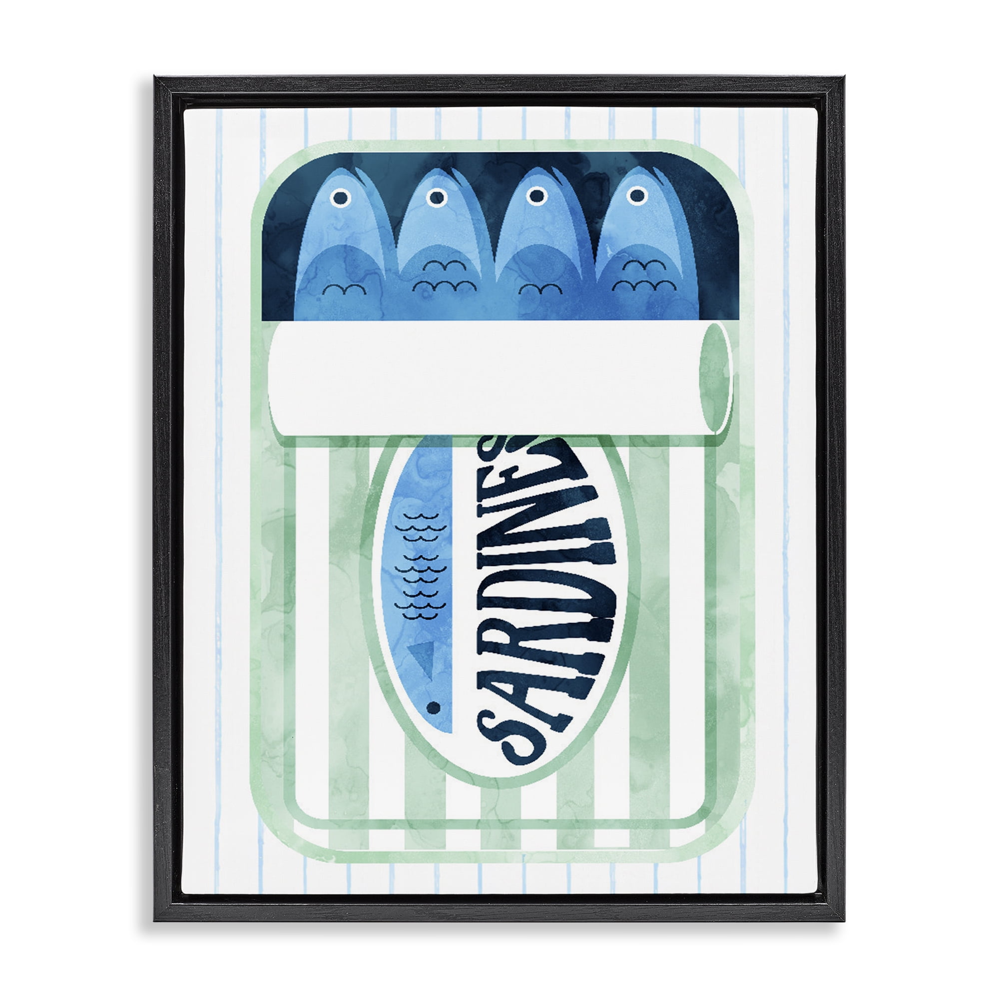 Seafoam Sardine Tin over Stripes Black Framed Floater Canvas Wall Art, design by Daphne Polselli