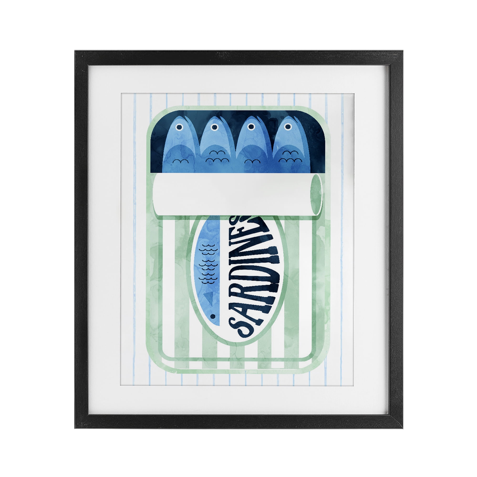 Seafoam Sardine Tin over Stripes Black Framed Print Under Glass, design by Daphne Polselli