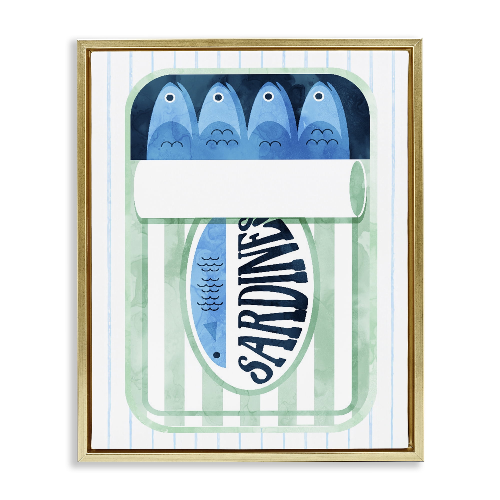 Seafoam Sardine Tin over Stripes Gold Framed Floater Canvas Wall Art, design by Daphne Polselli