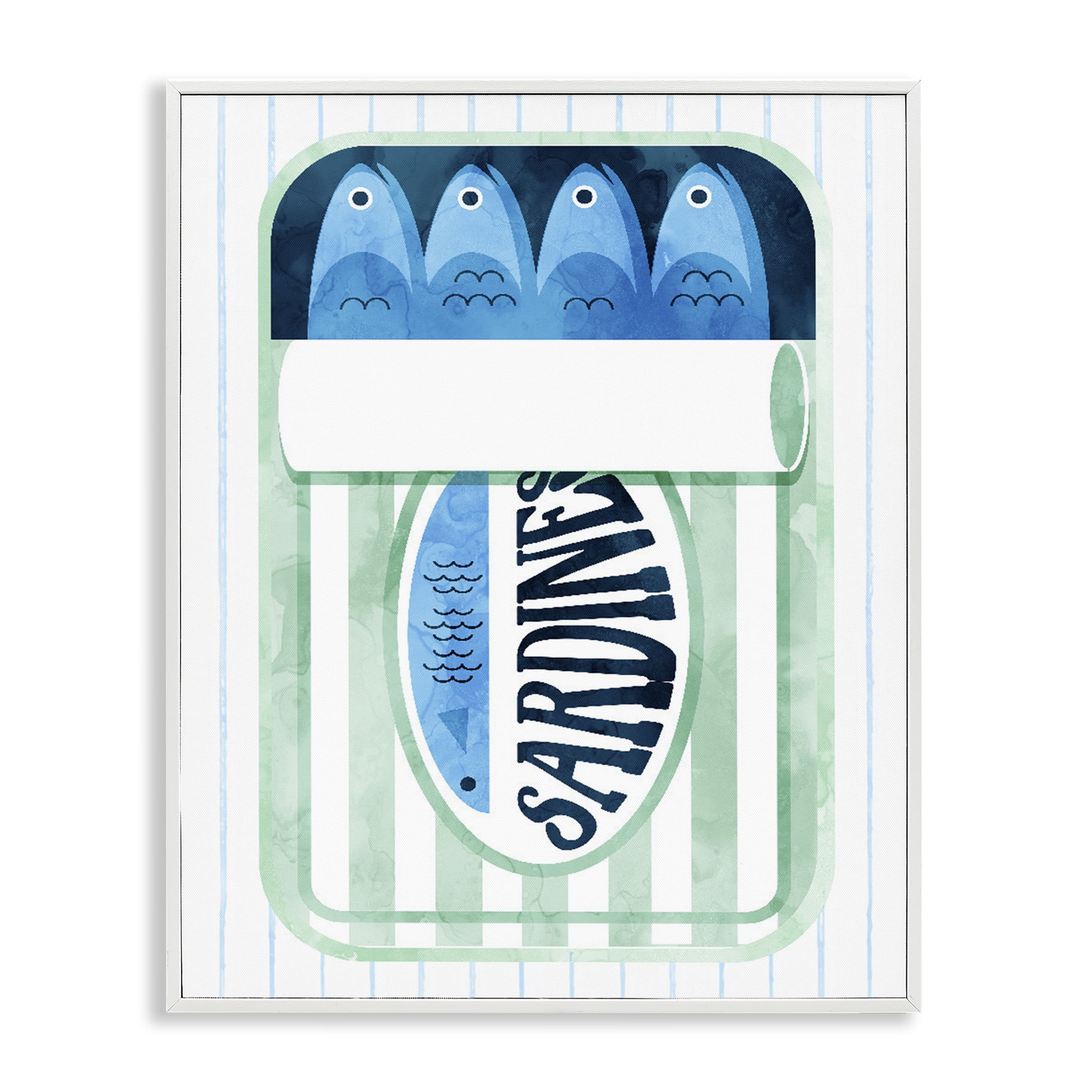Seafoam Sardine Tin over Stripes White Framed Giclee Art, design by Daphne Polselli