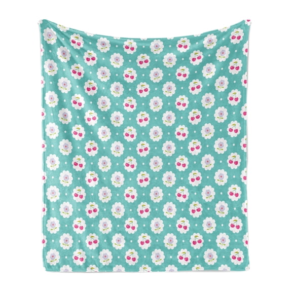 Seafoam Soft Flannel Fleece Throw Blanket, Dotted Background with Cherry and Flowers Abstract Flora Motif, Cozy Plush for Indoor and Outdoor Use, 50" x 70", Sea Green Dark Coral, by Ambesonne