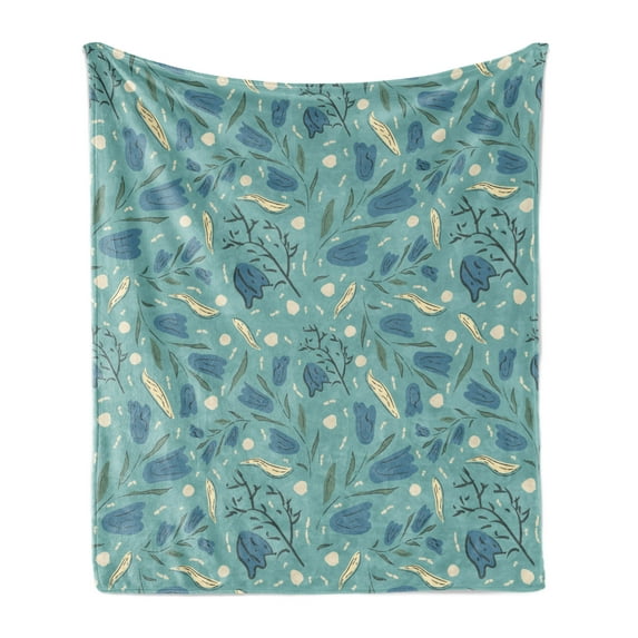 Seafoam Soft Flannel Fleece Throw Blanket, Hand Drawn Aquarelle with Floral Motifs Leaves Stalks Bell Flowers, Cozy Plush for Indoor and Outdoor Use, 70" x 90", Seafoam Night Blue Ivory, by Ambesonne