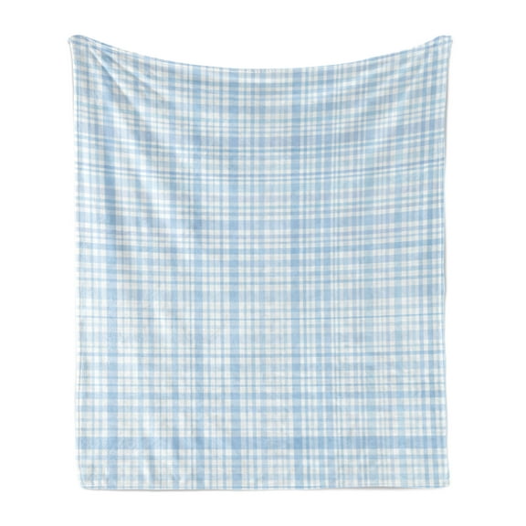 Seafoam Soft Flannel Fleece Throw Blanket, Plaid Quilt Pattern with Squares and Lines Abstract Traditional Arrangement, Cozy Plush for Indoor and Outdoor Use, 70" x 90", Baby Blue White, by Ambesonne
