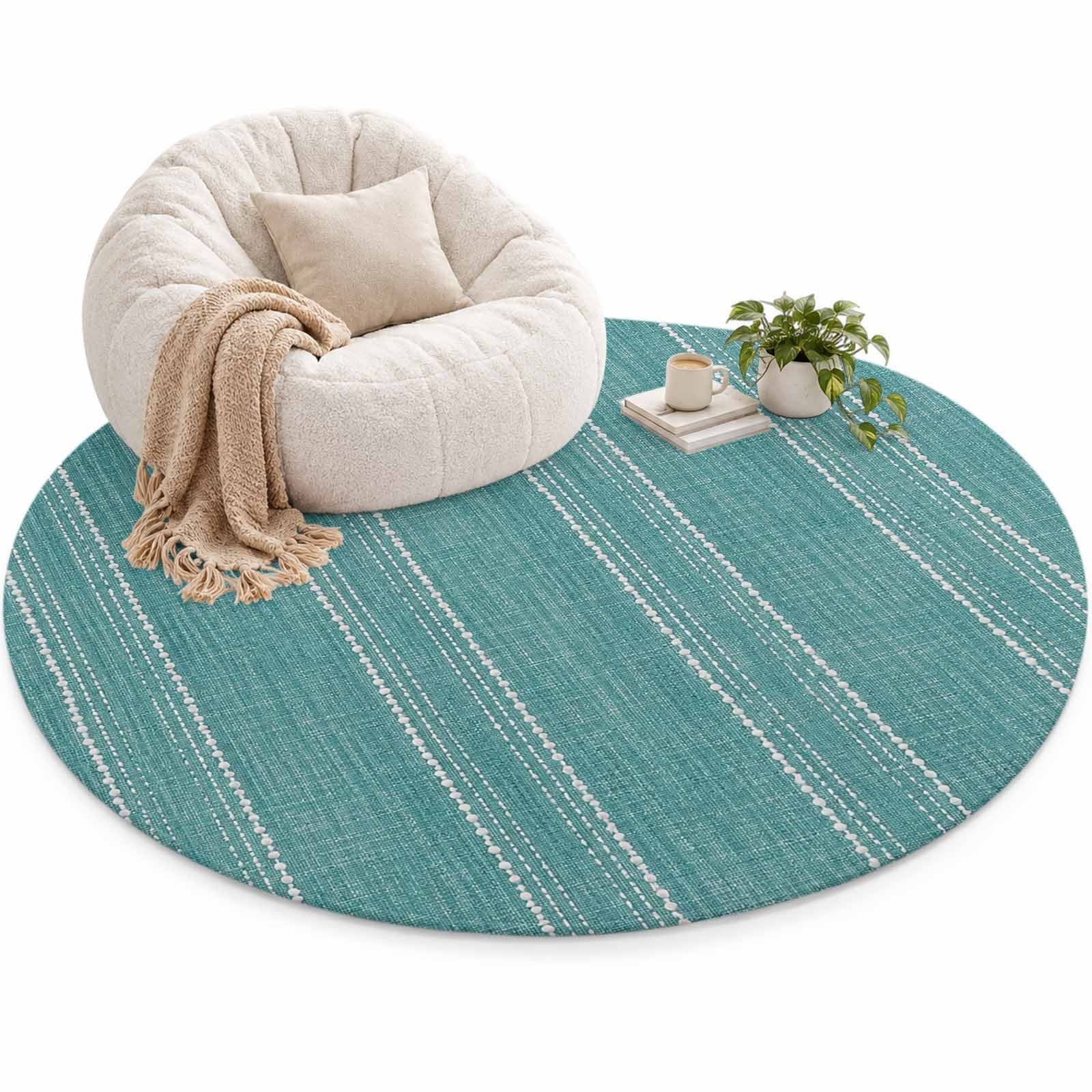 Seafoam Teal Striped Area Rug 4', Coastal Grandma Farmhouse Rustic ...