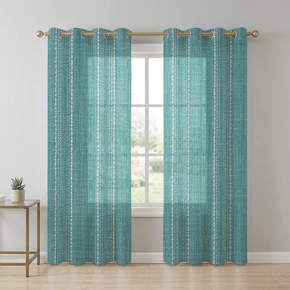 Seafoam Teal Striped Sheer Curtains 84 Inch Long 2 Panels, Coastal Grandma Farmhouse Rustic Linen Texture Light Filtering Semi Sheer Drapes Grommet Voile Window Curtain for Living Bedroom W52 x L84