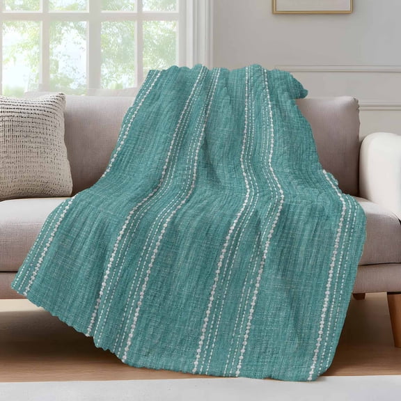 Seafoam Teal Striped Throw Blanket for Couch Coastal Grandma Farmhouse Rustic Linen Texture Soft and Warm Flannel 3D Striped Fluffy Fuzzy Fleece Blanket Lightweight Throw for Bed, Sofa 30 x 40 Inches