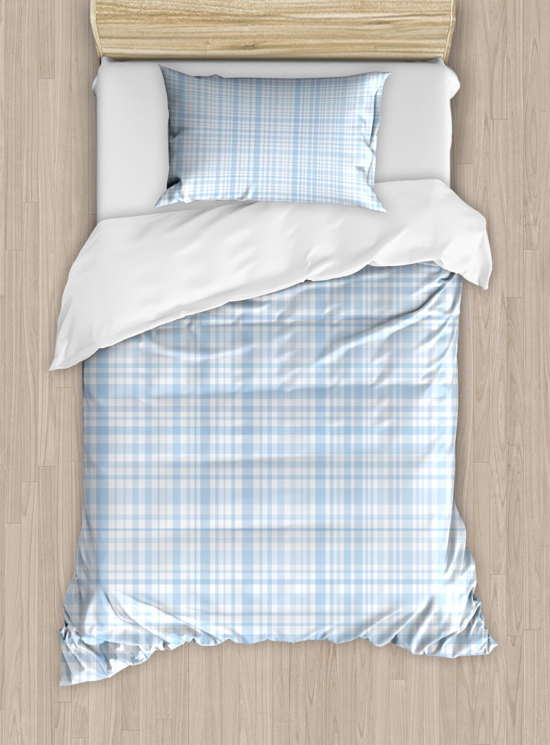 Seafoam Blue Plaid Twin Size Microfiber Duvet Cover Set