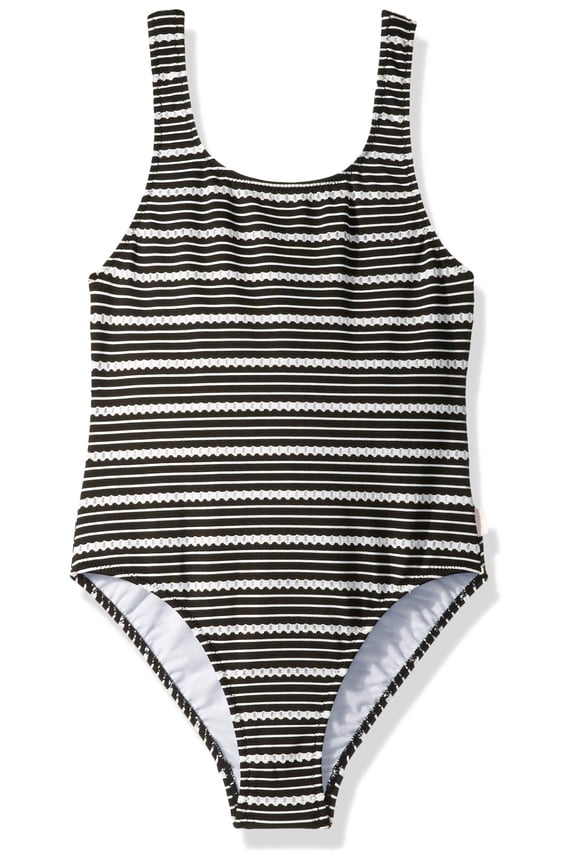 Girls' 80's Tank One Piece Swimsuit, Tahitian Skies Black/White, 14
