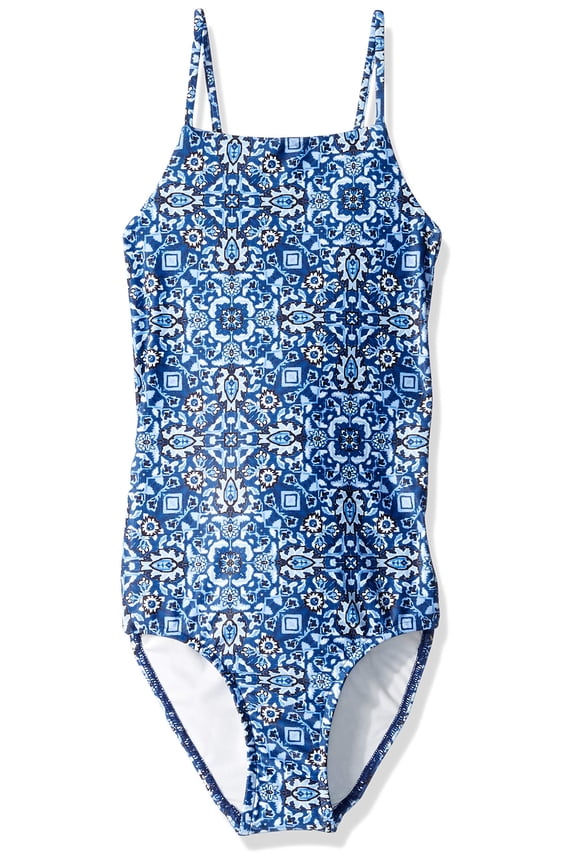Girls' High Neck Tank One Piece Swimsuit, Celestial Batik Boho Blue, 10