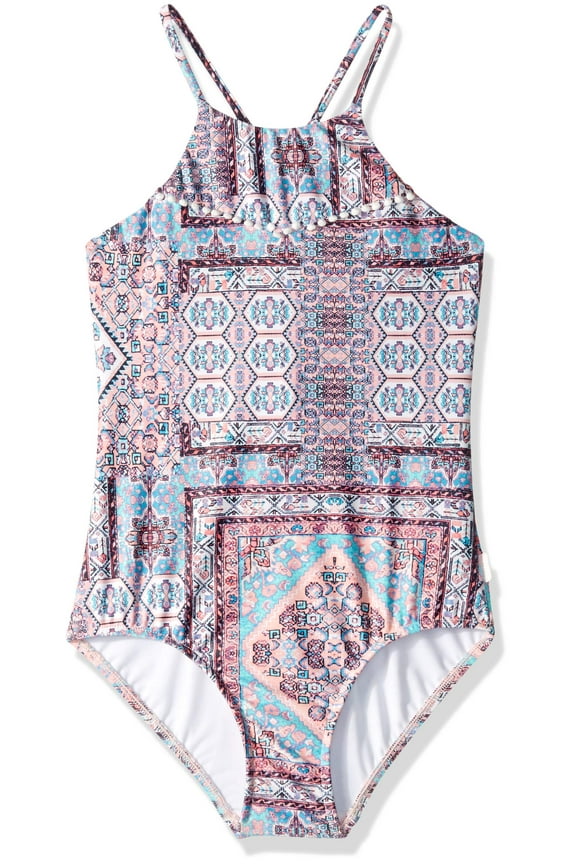 Girls' High Neck Tank One Piece Swimsuit with Criss Cross Back, Maharaja Multi, 16