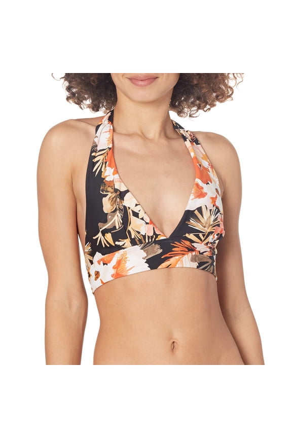 Women's Standard V Neck Crop Bikini Top Swimsuit, Bora Bora Flora Black, 6 US