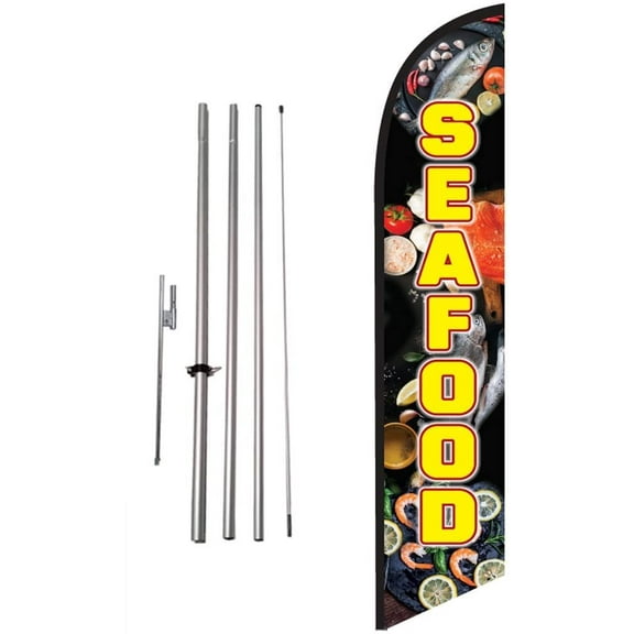 Seafood Feather Flag Kit with Ground Spike, Outdoor Restaurant Advertising Swooper Flag Sign by Feather Flag Nation