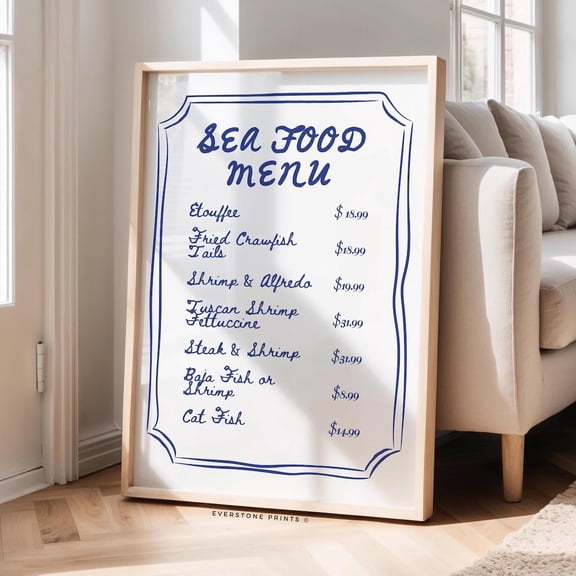 Seafood Menu | Hand Drawn Food Print, Retro Kitchen Wall Art, Italian Seafood Poster, Coastal Art, Trendy Kitchen Poster Aesthetic, Unframed Paper Poster 8x10in