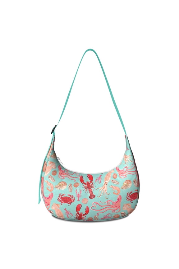 Seafood Nautical Boho Sling Bag with Adjustable Strap, Red Blue Starfish Lobster Coastal Crossbody Purse, Lightweight Nylon Travel Bag with Smooth Zipper and Organization