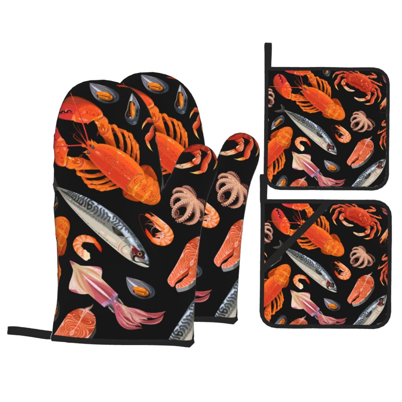 Seafood Pattern Crayfish Crab Shrimp 4Pcs Oven Mitts and Pot Holders Sets Oven Kitchen Gloves Hot Pads for Cooking BBQ Baking Grilling
