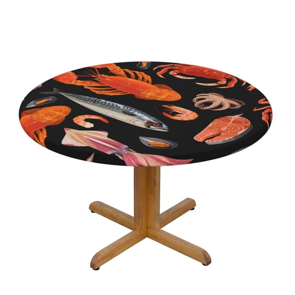 Seafood Pattern Crayfish Crab Shrimp Fitted Round Tablecloth 90cm with Elastic Edge, Waterproof Table Cover Furniture Protector for Patio, Dining Room Restaurant