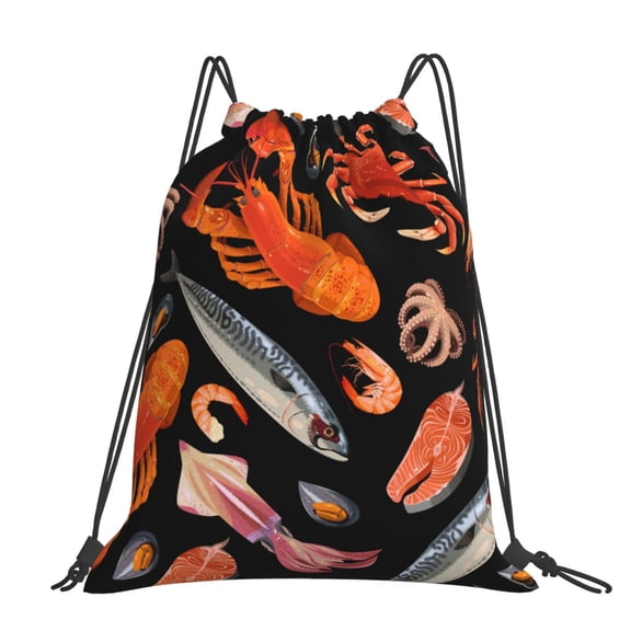 Seafood Pattern Crayfish Crab Shrimp Large Drawstring Backpack Casual Cinch Sack Bag Backpack for Sports Hiking Travel Gym