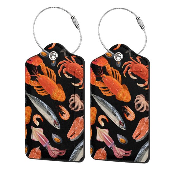 Seafood Pattern Crayfish Crab Shrimp Luggage Tag for Suitcase 2 Pack Leather Travel Bag Baggage Identifiers Privacy Cover ID Label