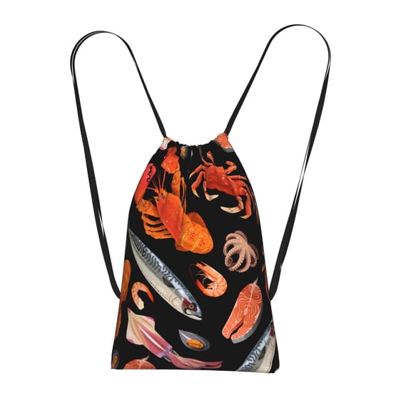 Seafood Pattern Crayfish Crab Shrimp Packable Drawstring Backpack, Lightweight Foldable Cinch Storage Bag for Gym Travel Shopping