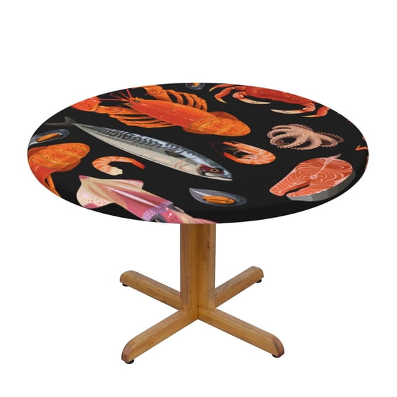 Seafood Pattern Crayfish Crab Shrimp Round Fitted Tablecloth Elastic Edged Table Cloth Waterproof Table Cover 54in