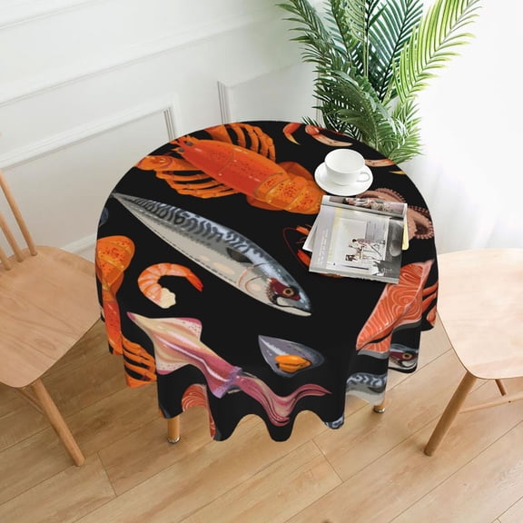 Seafood Pattern Crayfish Crab Shrimp Tablecloths Round 60 inch Fabric Table Cloth Cover for Dining Kitchen Wedding Party