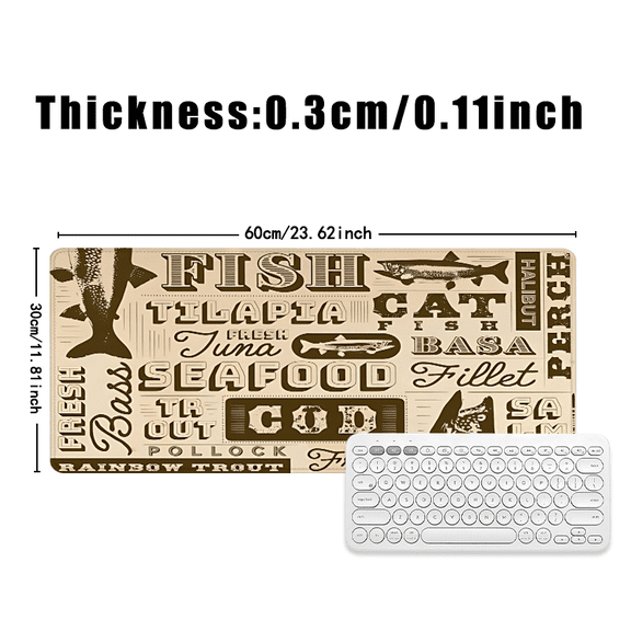 Seafood Theme Rubber Mouse Pad 31.5x11.82 Inches Vintage Fish Design for Office Desk Use