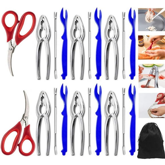 Seafood Tools 21 Pcs Nut Crab Crackers Set including 6 Crab Leg Crackers,6 Lobster Shell Forks,6 Crab Leg Forks 2 Seafood Scissors & Storage Bag