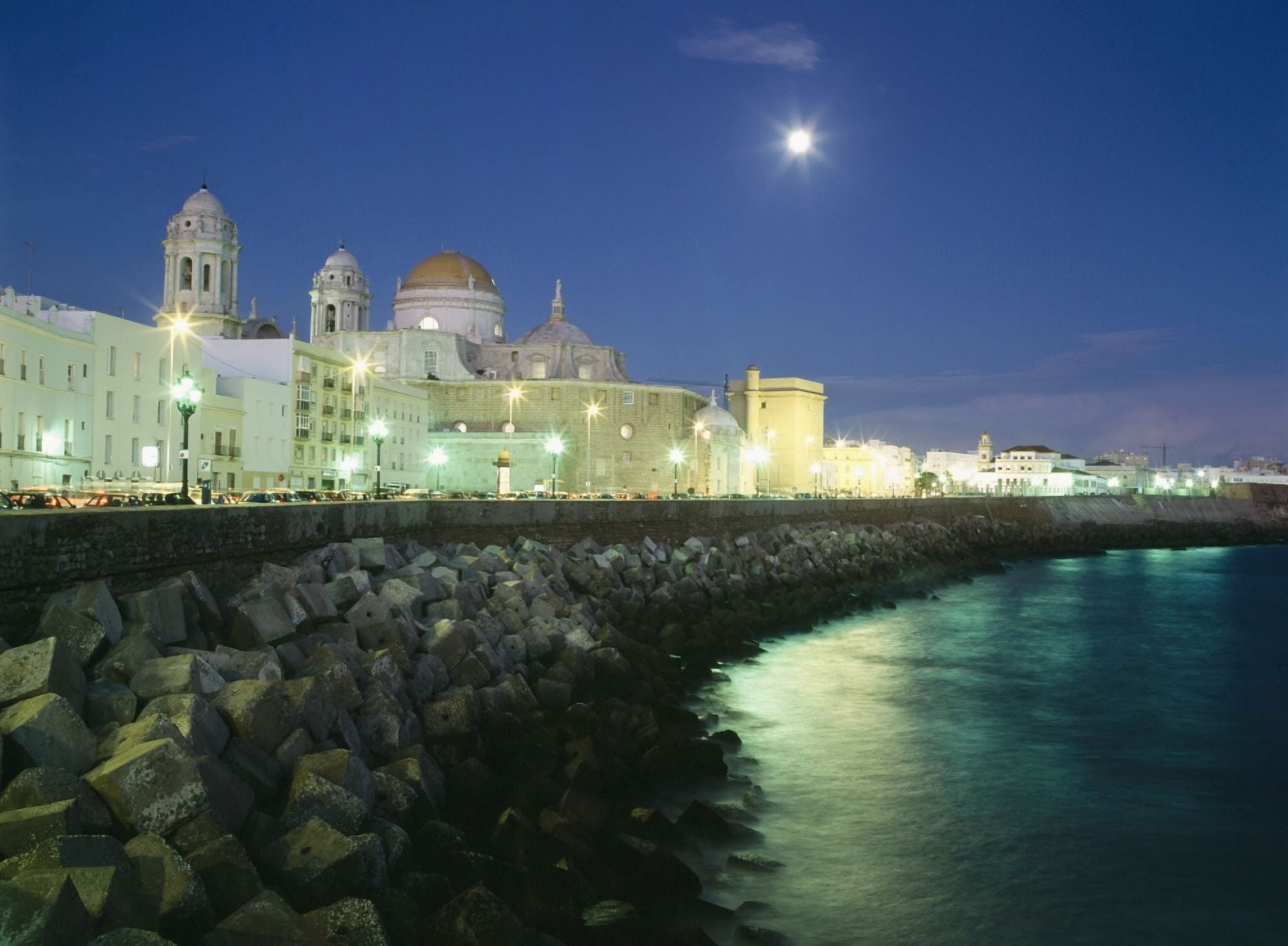 Seafront And Cathedral Of Santa Cruz At Dusk Canvas Art - Ian Cumming Design Pics (36 x 26)