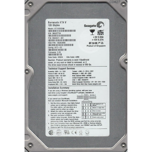 Seagate BarraCuda ATA V ST3120024A 120 GB Hard Drive, 3.5" Internal, IDE (IDE Ultra ATA/100 (ATA-6))