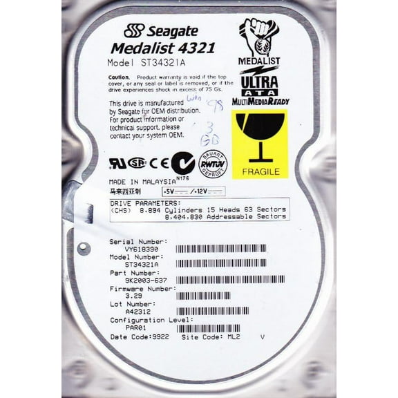 Seagate Medalist ST38641A 4.30 GB Hard Drive, 3.5" Internal, IDE (IDE Ultra ATA/33 (ATA-4))