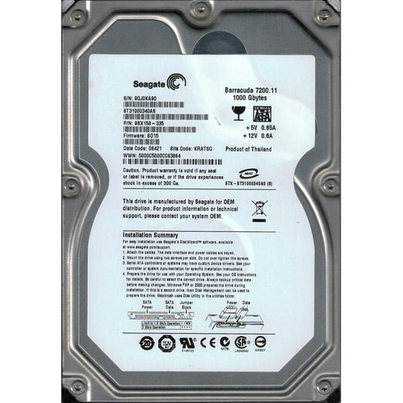 Seagate ST31000340AS F/W: SD15 P/N: 9BX158-335 1TB KRATSG