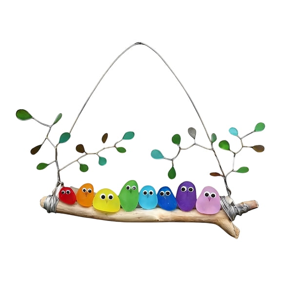 Seaglass Birds on a Branch, Colorful Sea Glass Bird Perch, Coastal Ocean Decor for Indoor Windows, Vibrant Sea Glass Wall Art for Nature Lovers, Unique Gift for Mom(8 Birds)