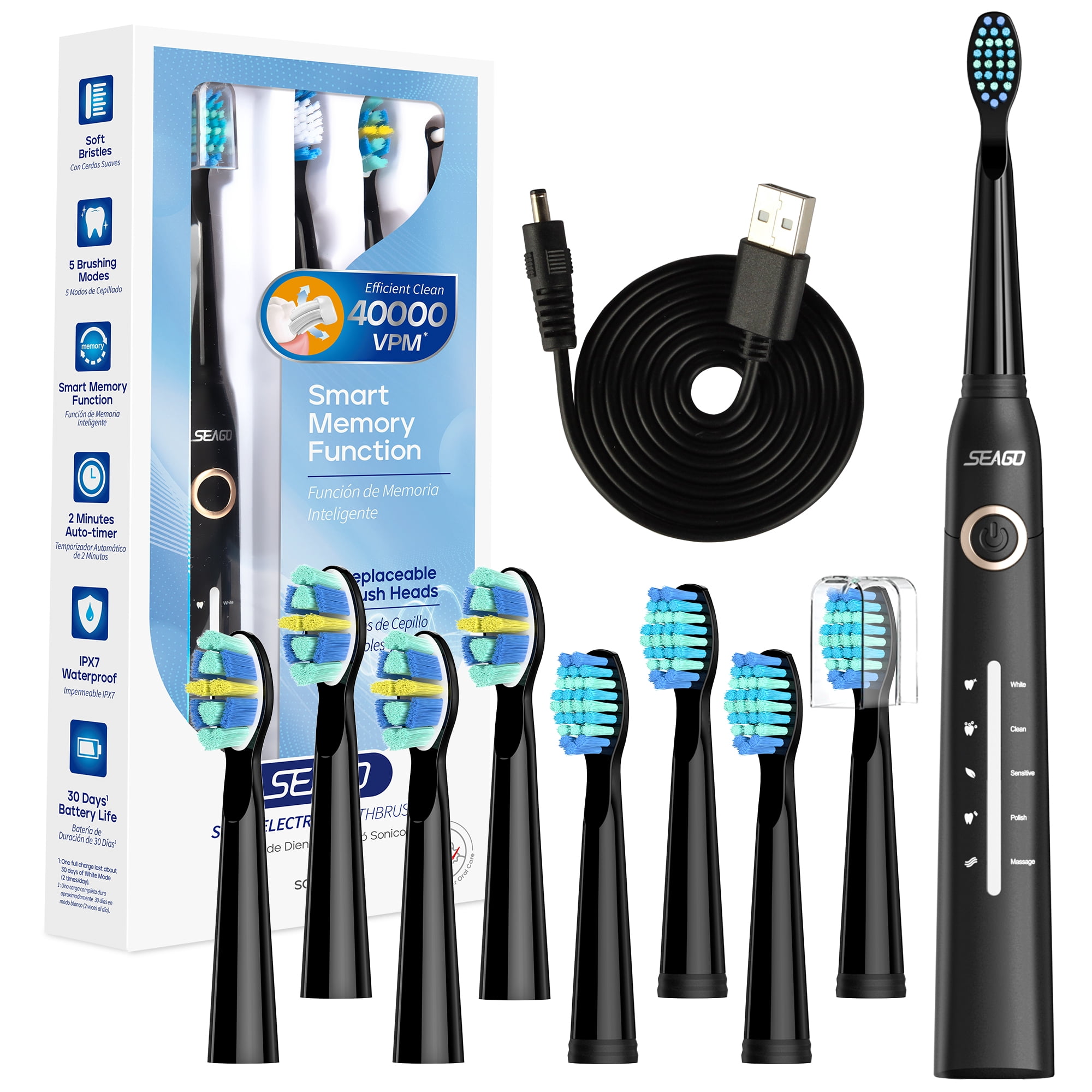 Seago Sonic Electric Toothbrush For Adult, 8 Brush Heads, 1 USB charging cable,4000VPM, Black SG958