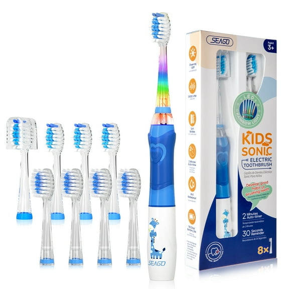 Seago Kids Electric Toothbrush, Rainbow LED Light,4 Brush Heads,for Kids 3+