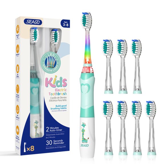 Seago Kids Battery Electric Toothbrush,SG-977Green,Rainbow LED Light,8 Brush Heads,for Kids 3+