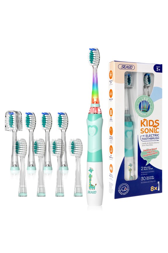 Kids Battery Electric Toothbrush,SG-977Green,Rainbow LED Light,8 Brush Heads,for Kids 3+
