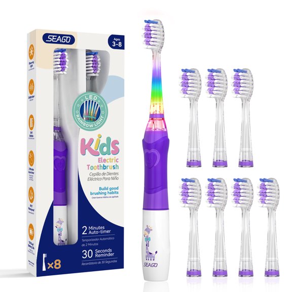 Seago Kids Battery Electric Toothbrush,SG-977Purple,Rainbow LED Light,8 Brush Heads,for Kids 3+