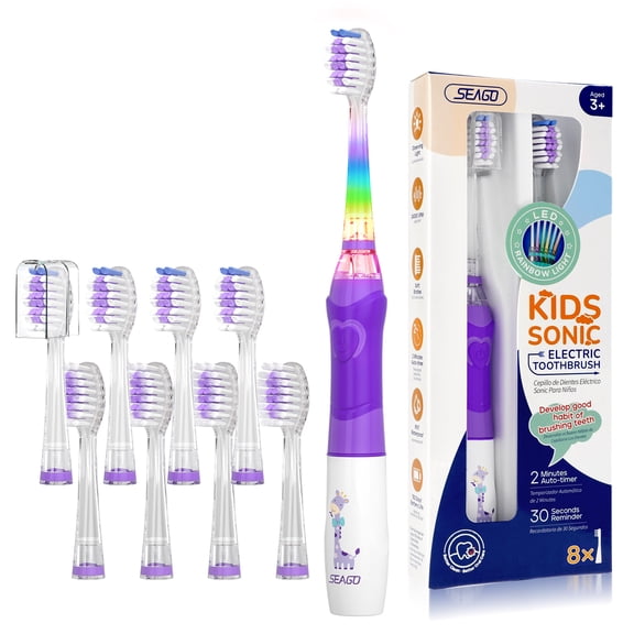 Seago Kids Battery Electric Toothbrush,SG-977Purple,Rainbow LED Light,8 Brush Heads,for Kids 3+