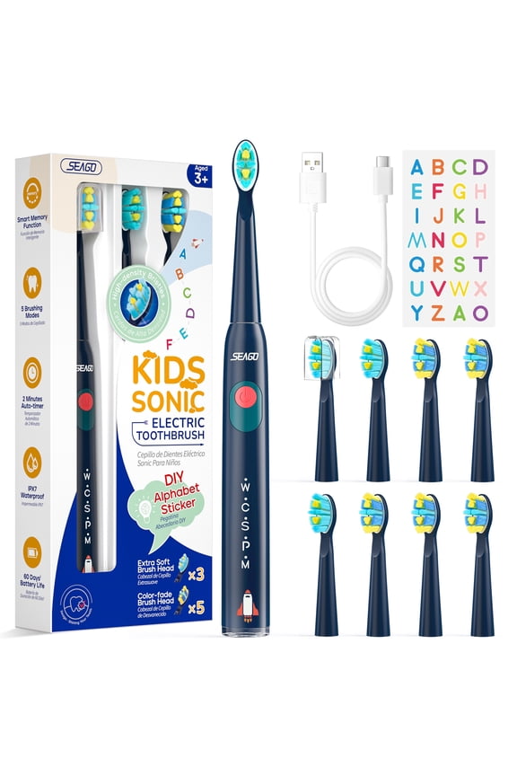 Sonic Kids Rechargeable Electric Toothbrush,SG-2303Navy Blue,DIY Stickers,8 Soft Brush Heads,5 Modes, for Kids 3-12