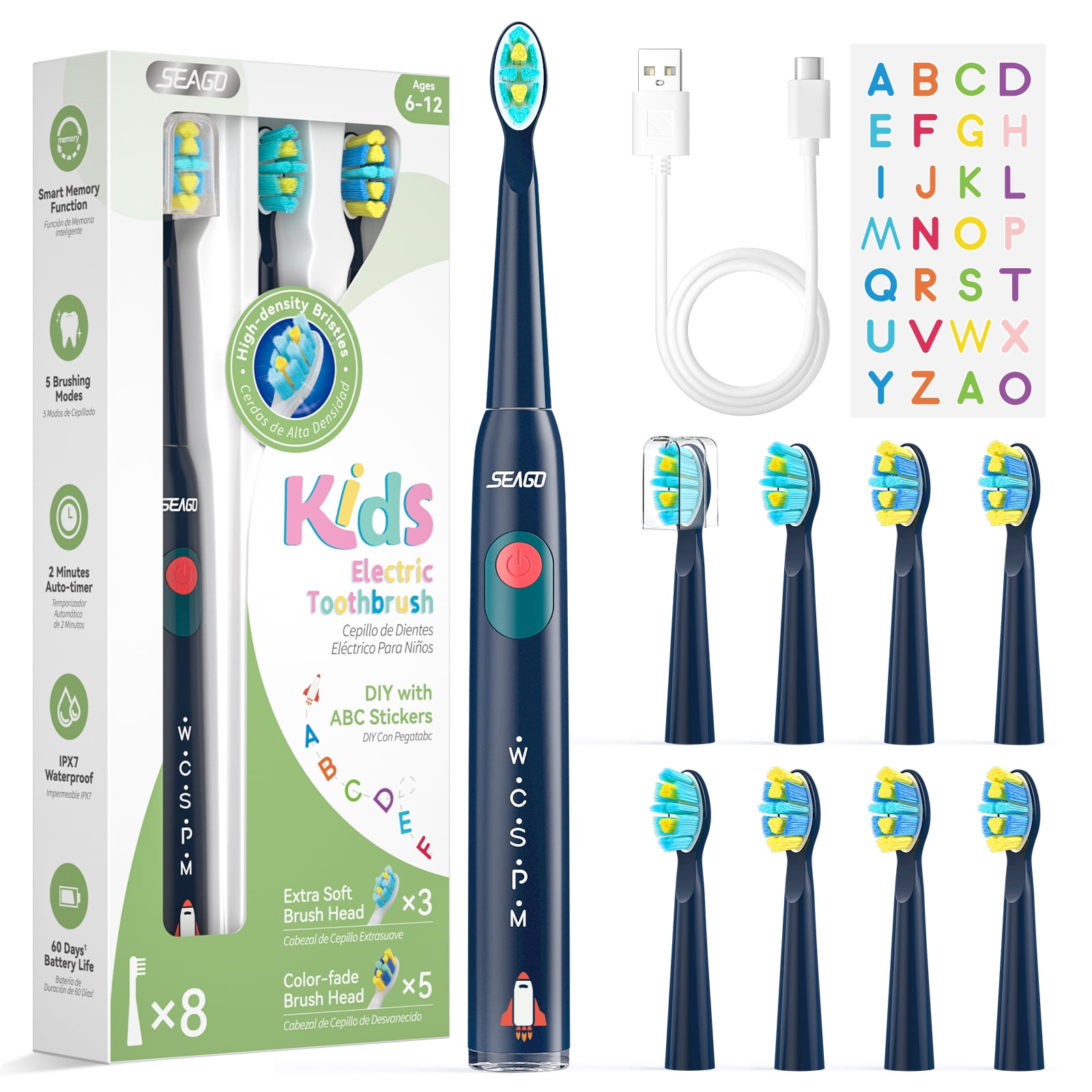 Seago Sonic Kids Rechargeable Electric Toothbrush,SG-2303Navy Blue,DIY Stickers,8 Soft Brush Heads,5 Modes, for Kids 6-12